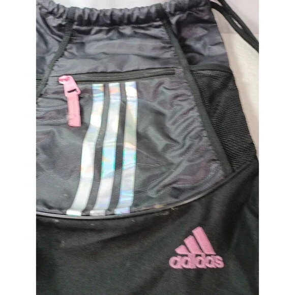 Adidas Drawstring Backpack Black Pink 3 Stripe Gym Sack Bag Medium - Picture 2 of 15